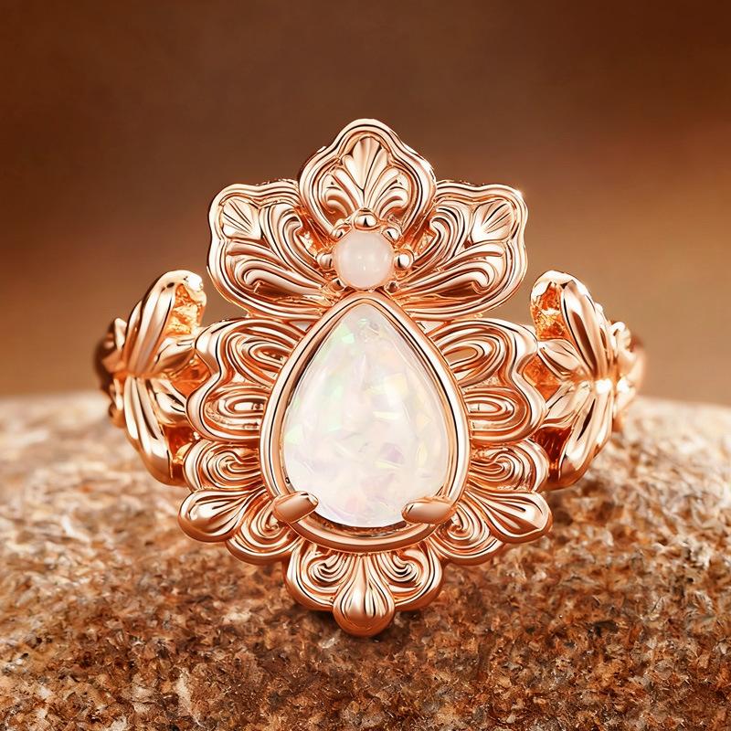 New Trendy Design Water Drop Auspicious Flower Palace Style Ring New Women'S Elegant Banquet Jewelry