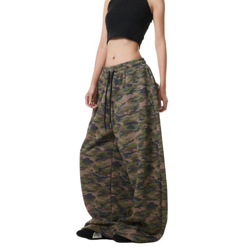 American Retro Trendy Brand Drawstring Camouflage Sweatpants Women's Summer New Casual Straight Loose Wide-leg Trousers
