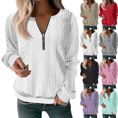 Dámska móda Ležérna mikina na zips s výstrihom do V, voľná, s dlhým rukávom, jednofarebná