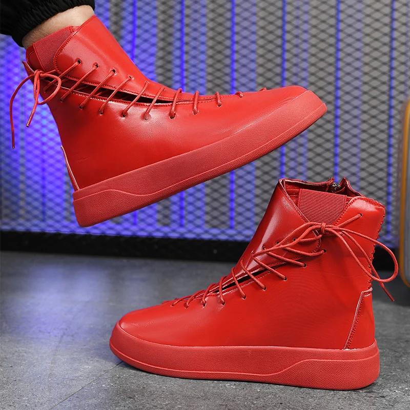 Trendy Red Mens Sneakers Fashion Lace-up Sneakers for Men High Top Casual Shoes Flat Hip Hop Designer Shoes Men Chaussure Hommes