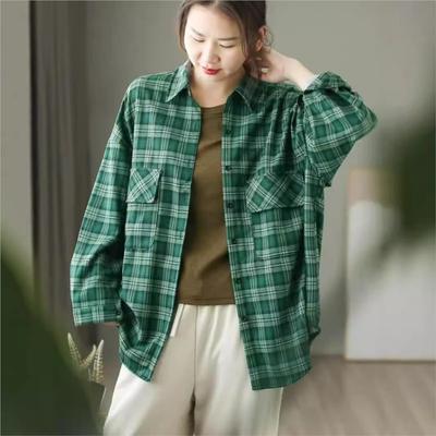 Woman Autumn Vintage Turn Down Collar Long Sleeves Plaid Print Shirt Loose Casual Single Breasted Shirt