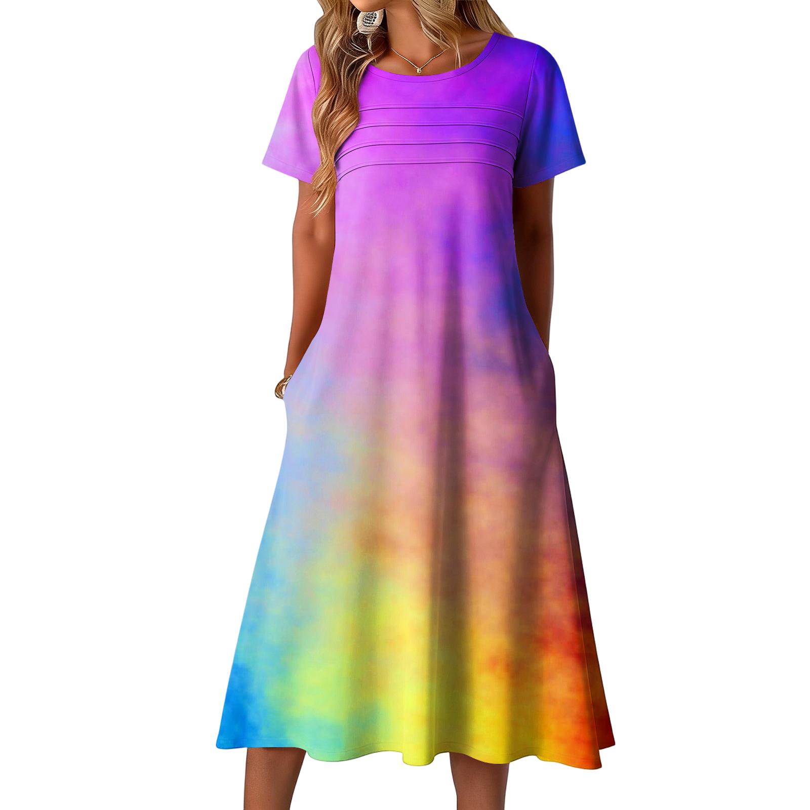 Ladies  printed casual and fashionable short sleeved round neck dress XXXL