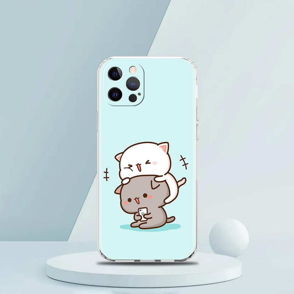 Cute Cartoon Cat Couple Luxury Phone Case For iPhone 16 15 14 13 12 11 Pro Max XS X XR SE 7 8 Plus soft Silicone Clear Cover