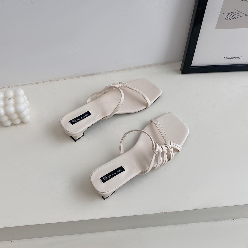 Fashion Women Black White Yellow Square Heels Slides Women Rope Lattice Peep Toe Women Outside Sippers Shoes Mujer Elegant Shoes 35-39