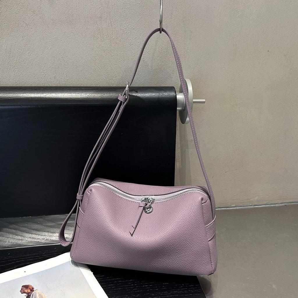 French Minimalist Lychee Grain Cowhide Crossbody Bag - Large Capacity with Adjustable Wide Shoulder Strap for Women