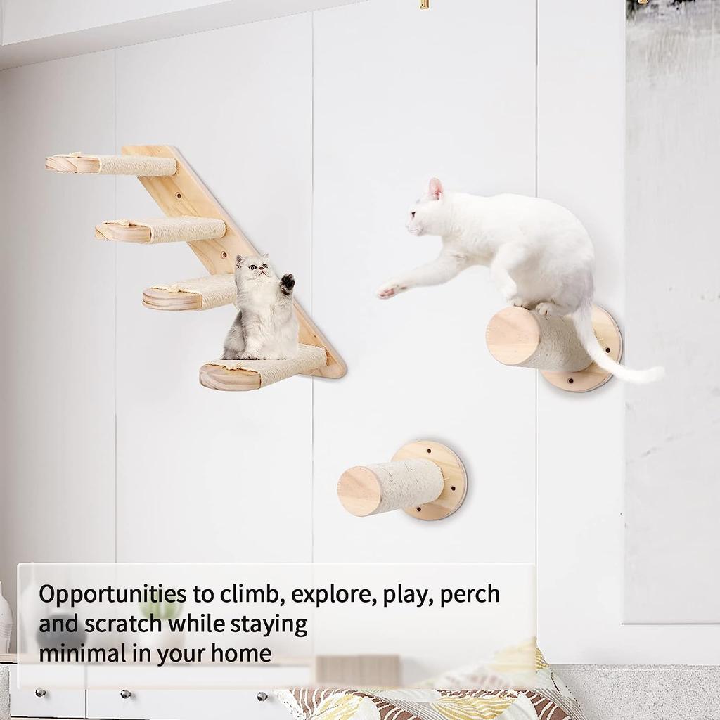Wall Mounted Wooden Cat Shelves Jumping Furniture Cat Climbing Tree Scratching Post Hammock Stairs Playing Climbing Frame