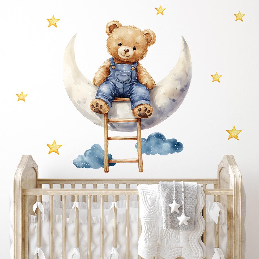 Cartoon Teddy Bear Sitting On Moon Self Adhesive Wall Stickers for Kids Room Nursery Baby Bedroom Decoration Decals
