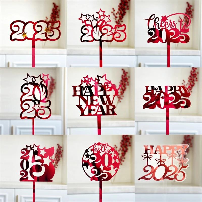 10PCS New Year Happy Party Cake Toppers 2025 Creative Red Gold Cake Flag Family New Year's Party Dessert Baking Decoration Gifts