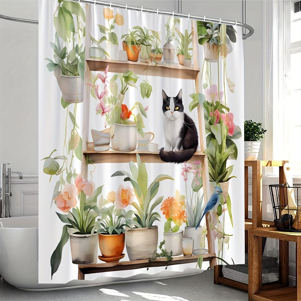 Charming Cat and Blooming Flowers Shower Curtain - Water-Resistant Fabric for Bathroom - Perfect for Nature and Cat Lovers