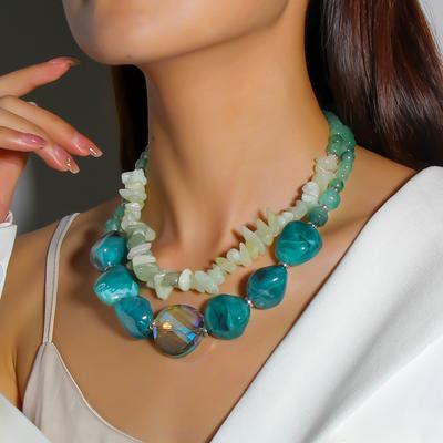 Irregular Green Resin Necklaces for Women Hyperbole Vintage Fashion Beads Elegant Double-layer Necklace Banquet Jewelry Gifts