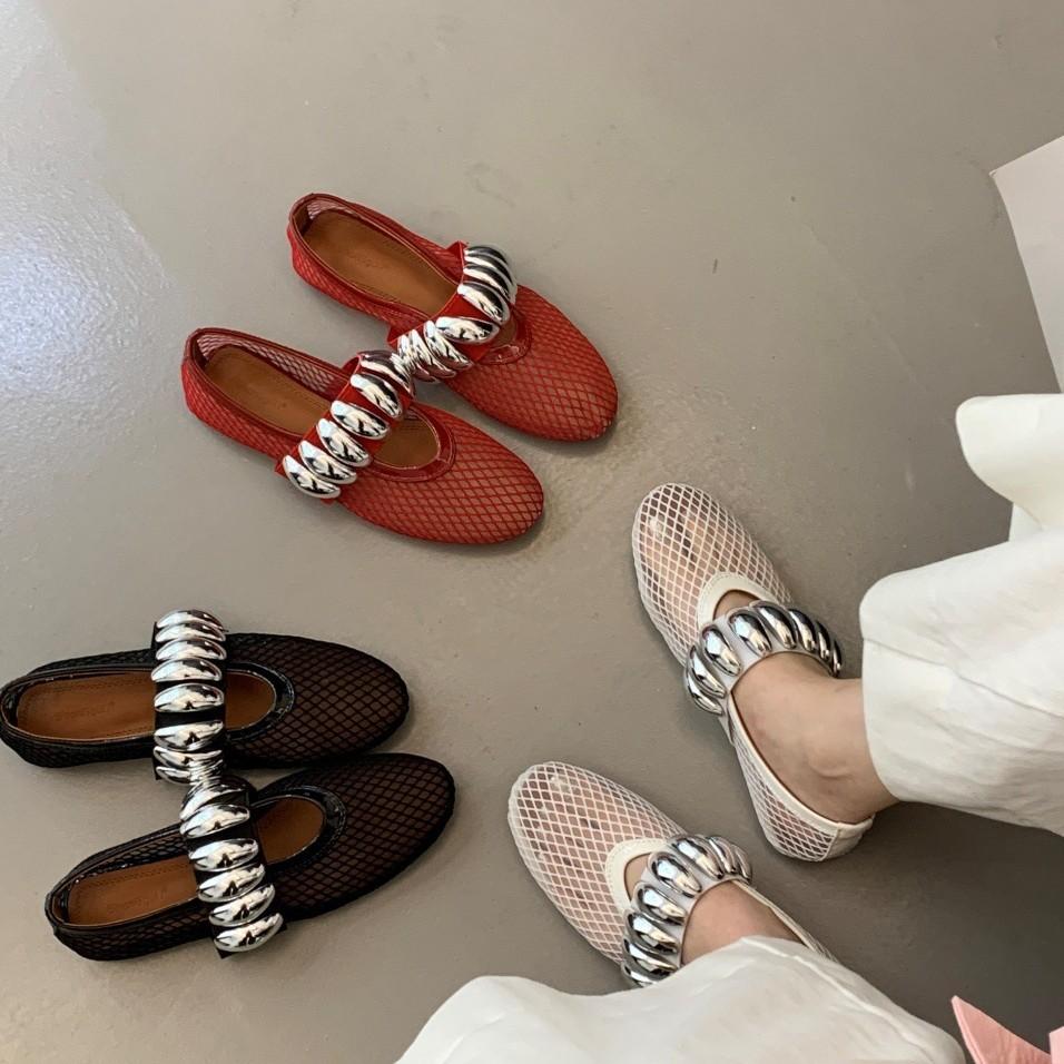 Design Sense Niche Mesh Flat Mary Jane Single Shoes Women's Shoes Ballet Shoes Summer New Roman Shoes French Sandals