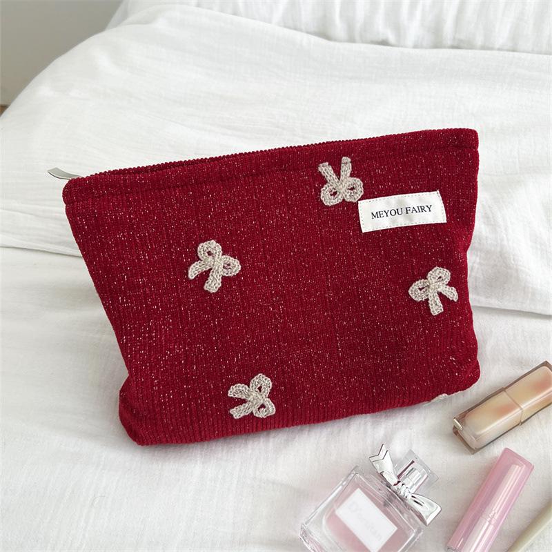 Embroidered Bow Pattern Checked New Year Valentine's Day Gift New Style Makeup Bag Toiletry Bag Inner Bag Storage Bag