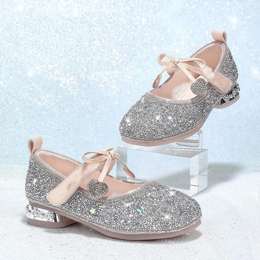 Girls Princess Shoes Children's Sparkling Shoes Autumn Soft Sole Little Girls Single Shoes Small High Heels Crystal Leather Shoes