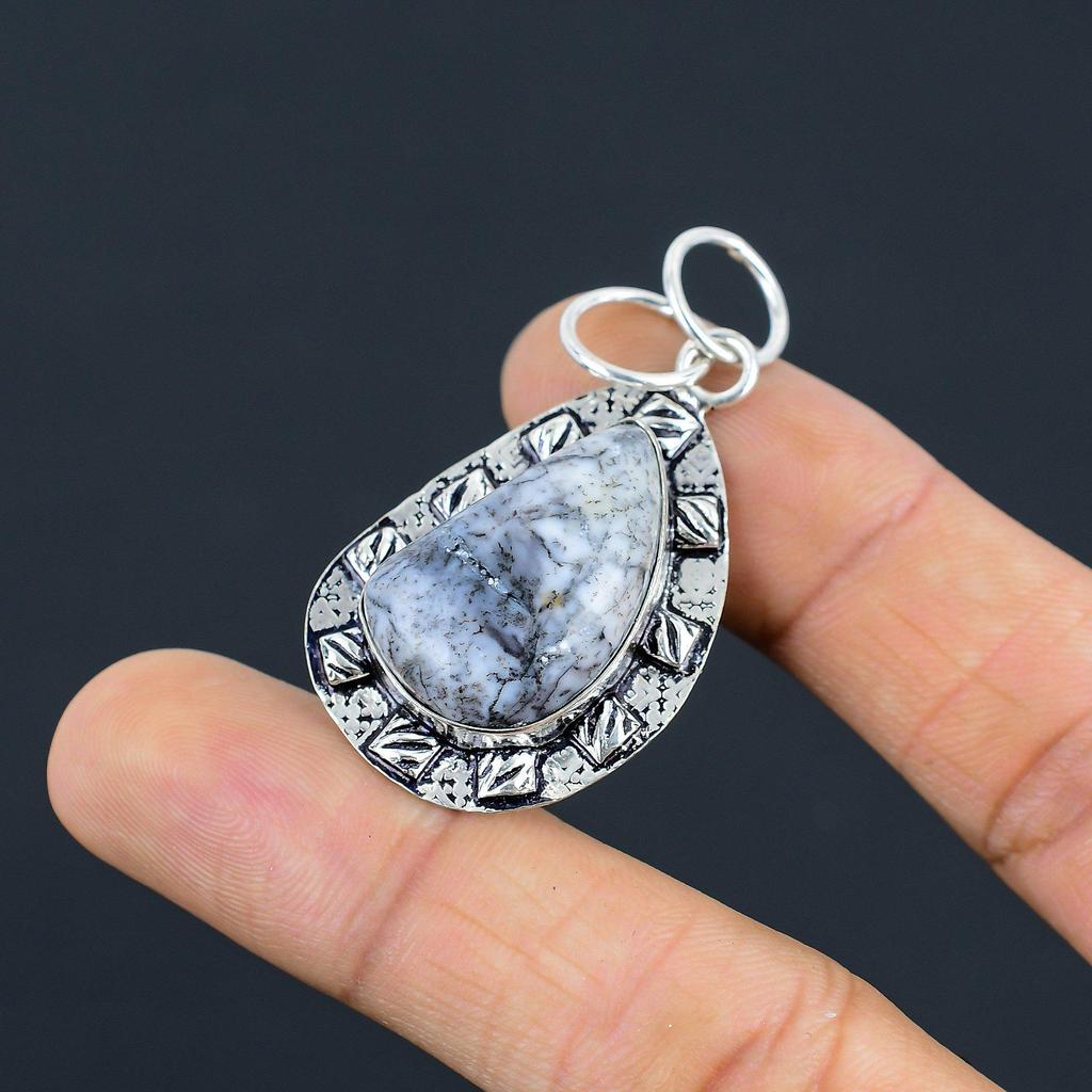 Daughters Day Sale Pear Dendrite Opal Stone Sterling Silver Wife Bezel Pendant