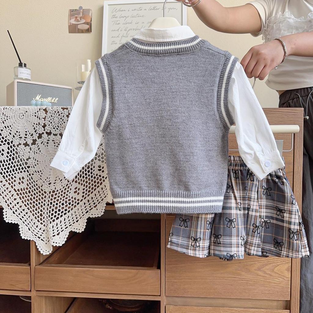 Girls' College Style Sweater Vest & Skirt Set with Tie for Autumn and Spring