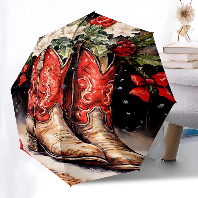 

1pc Christmas Cowboy Boots Automatic Opening/Closing Umbrella, Festive Gift for Fans, Travelers & Daily Use, 8-Bone Iron Frame, Portable Tri-Fold Desi