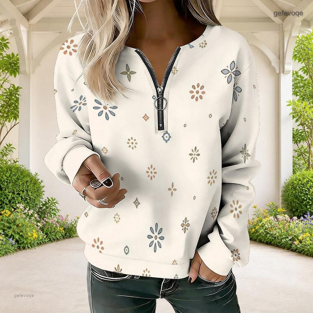 Women Plus Size Beige Brown Geometric Printed V Neck Half Zip Long Sleeve Sweatshirt