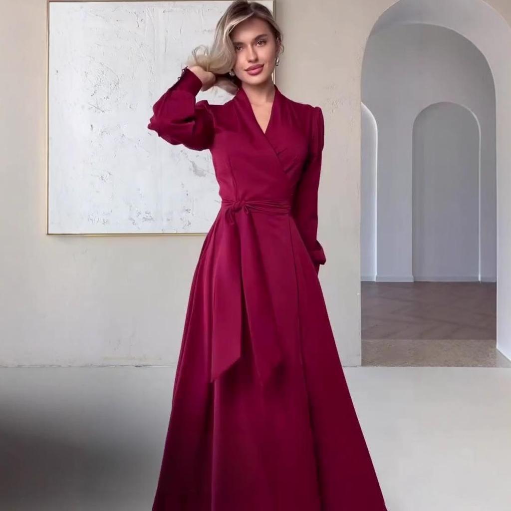 2025 European & American Women's Slim French V-Neck Long Dress with Tie-Up, Slit, and Long Sleeves