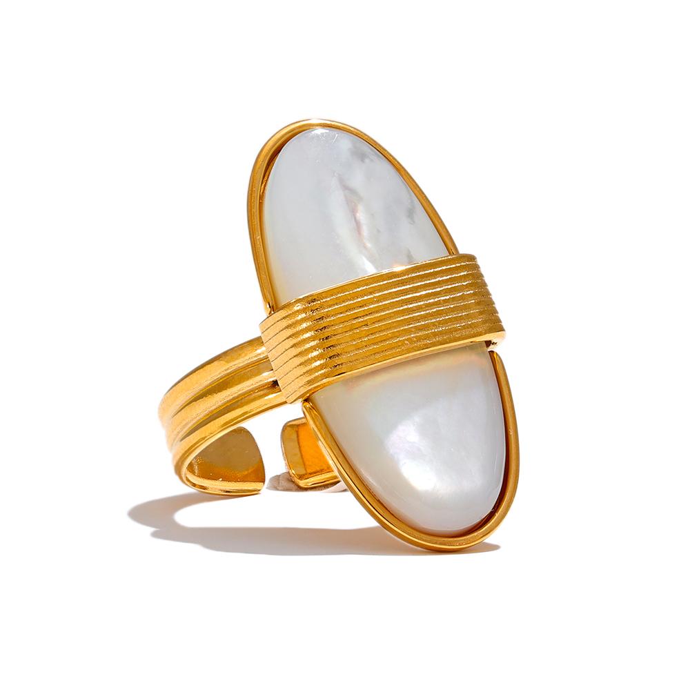 

Yhpup Luxury Natural Shell Stainless Steel Geometric Open Ring Gold Color 18K PVD Plated High Quality France Finger Jewelry resizable