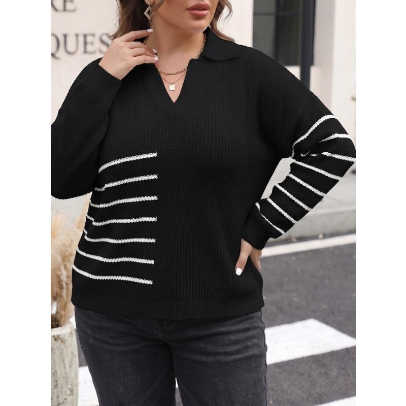 Women Plus Size Color Block Striped Polo Neck Long Sleeve Loose Pullover Knit Sweater