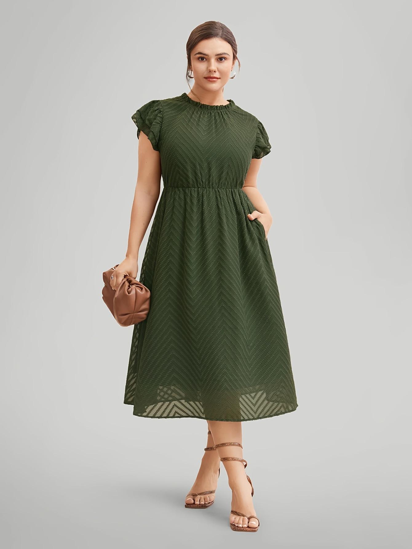 Elegant Versatile Plus Size Women s European-Style Plain Color Woven Dresses M армия зеленый