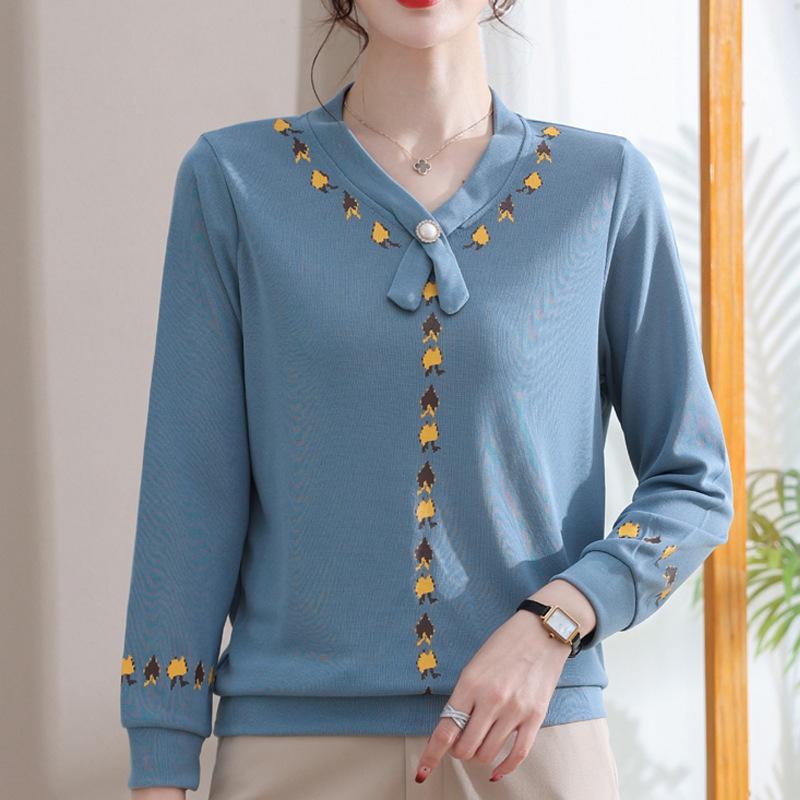 

Мама среднего возраста Весна Осень V-образный вырез Вязаный топ Женщины Пожилые Повседневная блузка Базовый слой Рубашка 4XL