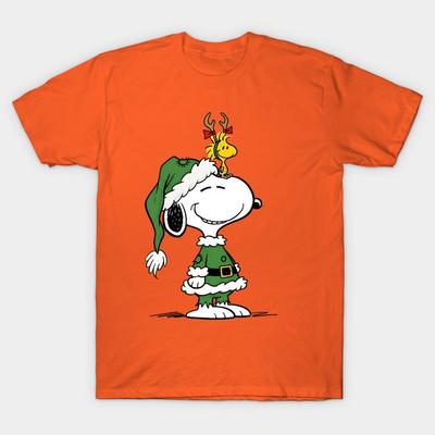 Men Black Print T-shirt Elf Snoopy And Woodstock No-Cut Transfer Paper Print Cotton Tshirt