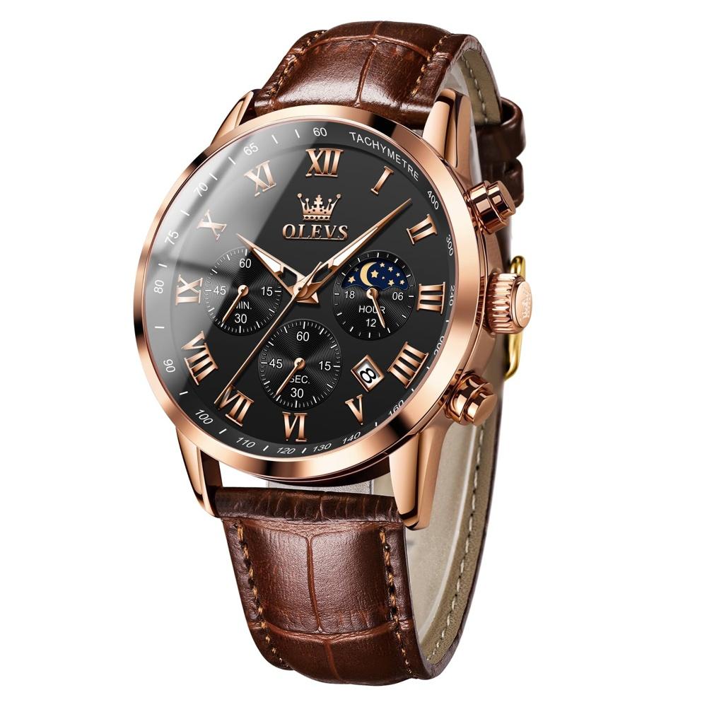 

Watch Men s Cool Stylish Waterproof Brown Leather Strap Men Popular Date Business Roman Black Dial Chronograph Easy to Read Analog Quartz OLEVS