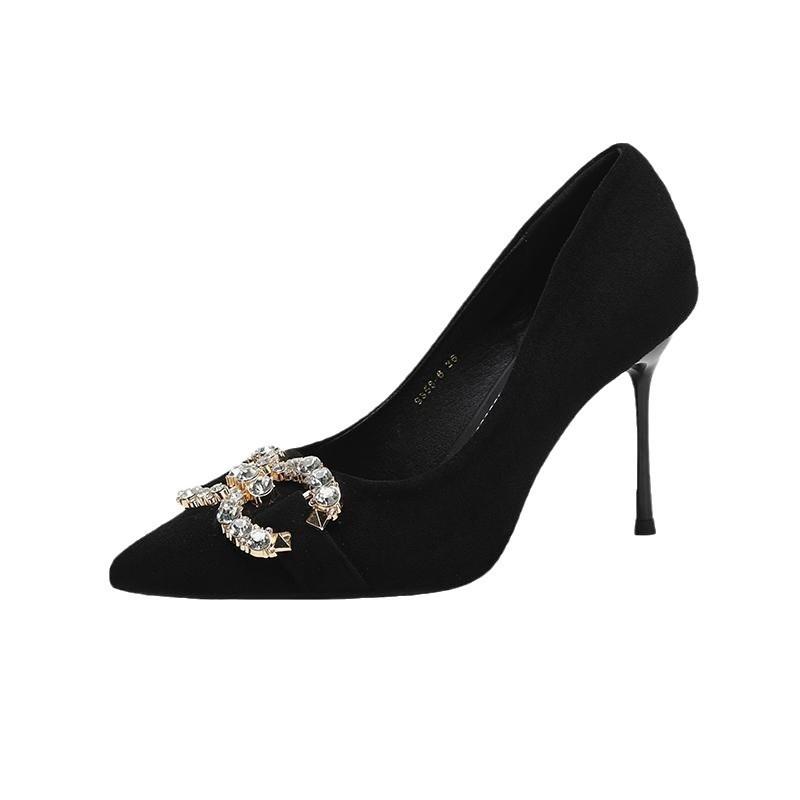 Rhinestone suede black high heels women's stiletto 2025 spring new French pointed buckle banquet dress single shoes
