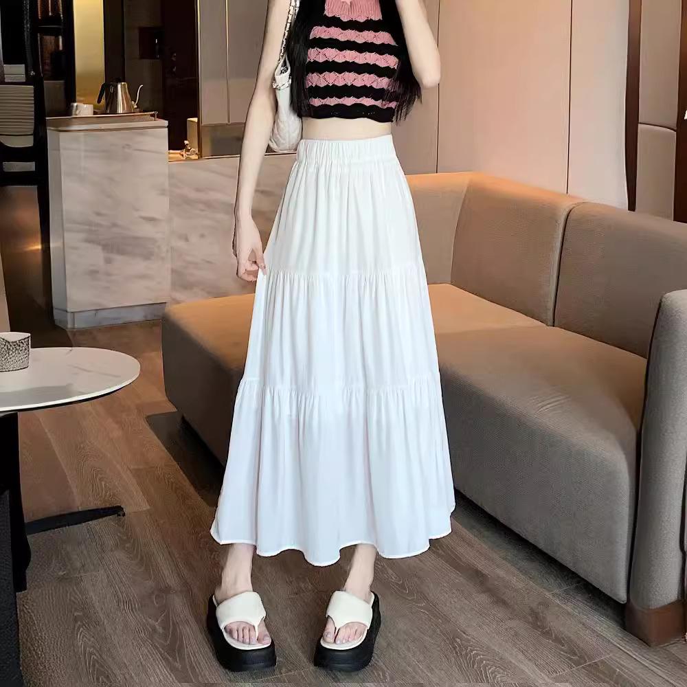 Women's Black High-Waist Pleated A-Line Long Skirt – Slim, Hip-Covering, High-End Spring Style