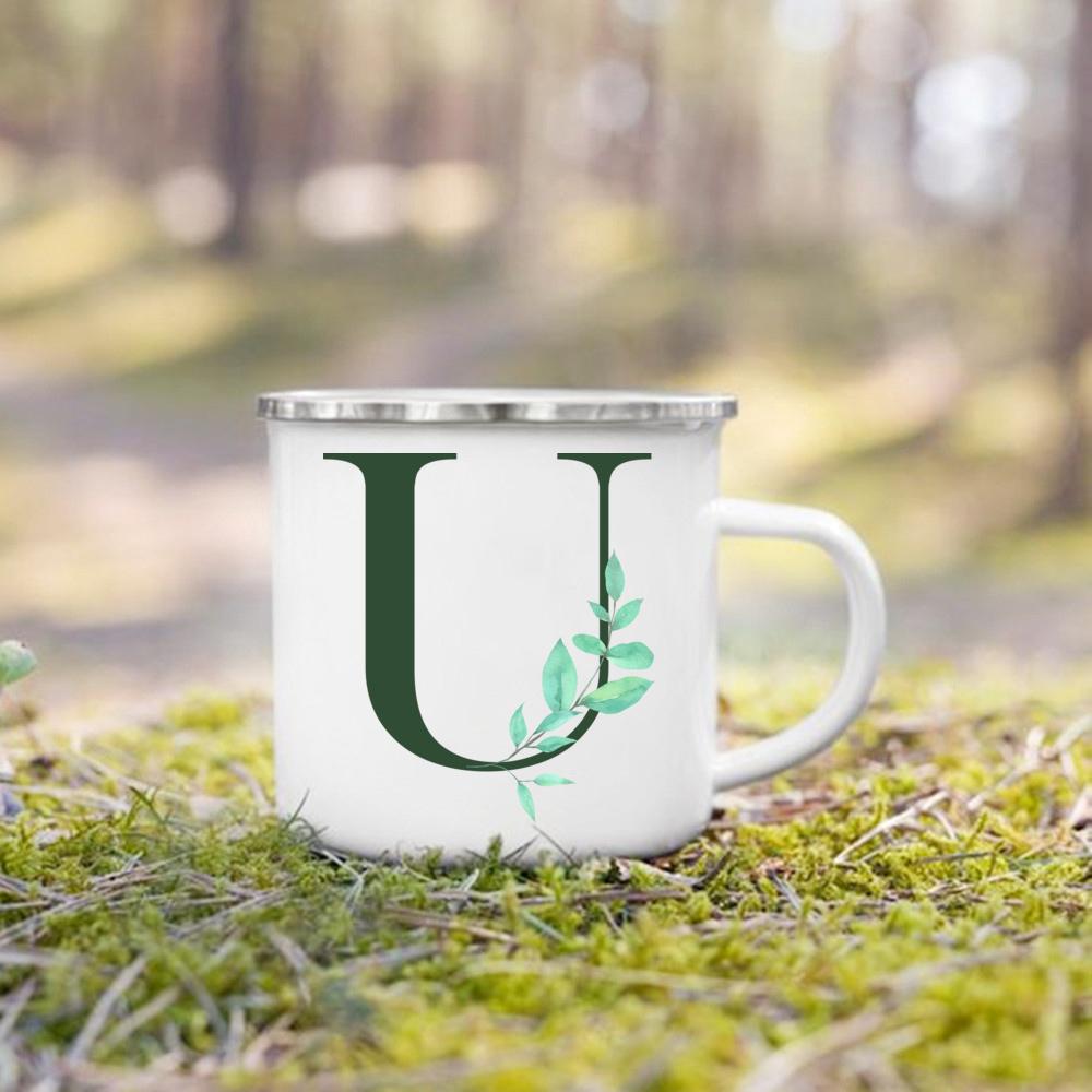 Emaille-Tasse mit Henkel, Aquarell, grünes Blatt mit Alphabet, Tasse, personalisierte Geschenke, Kaffee-Reisebecher, Bierbecher für Kaffee- und Teetassen