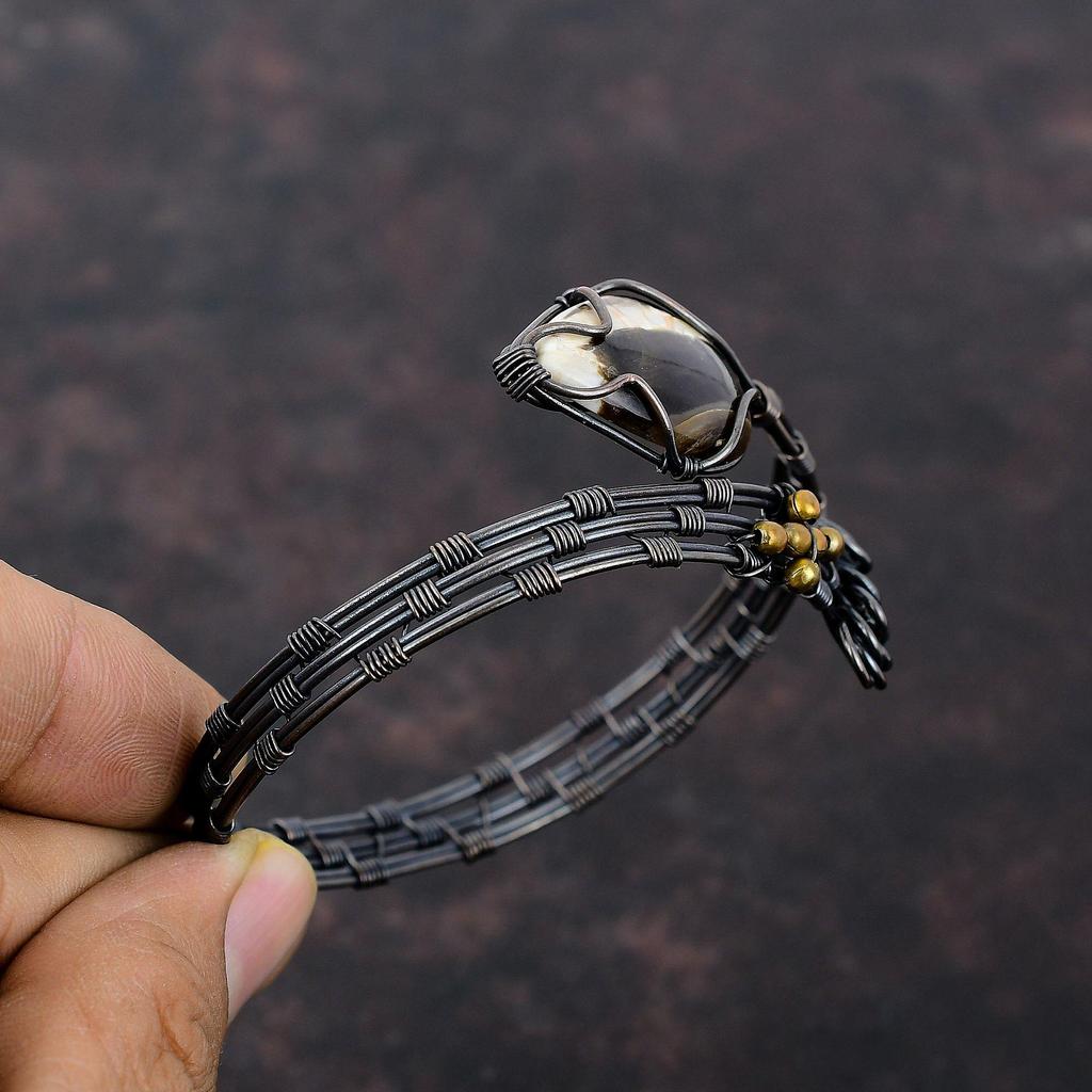 Peanut Wood Jasper Bangle Copper Wire Wrapped Adjustable Cuff Bracelet Unique Copper Wire Wrap Jewelry Handmade Gemstone Bangle Wedding Gift