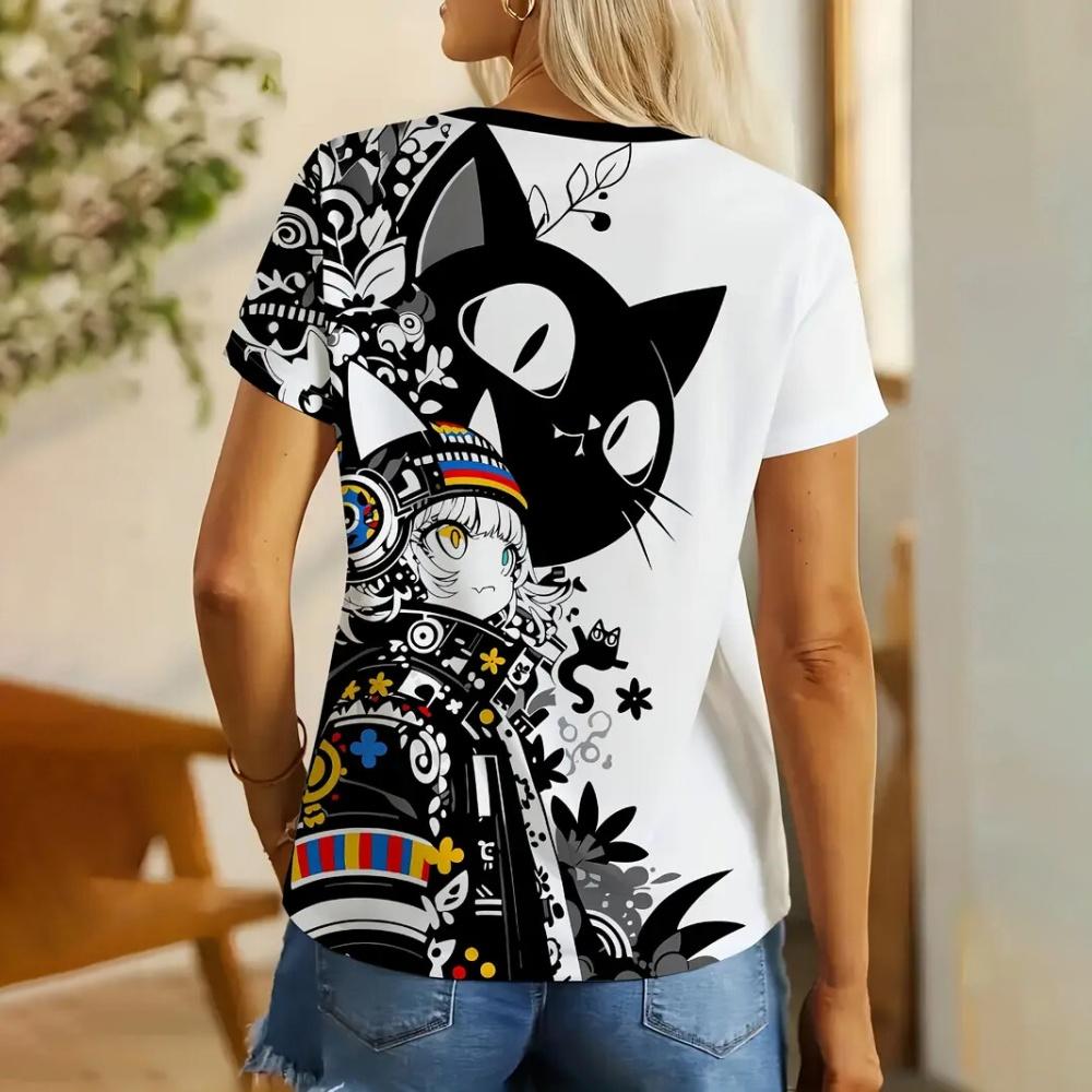 Women's T-Shirts Summer Casual Short Sleeve Tops Crew Neck Tee Fashion Streetwear Female Oversized Clothing Cartoon Cat T-Shirts