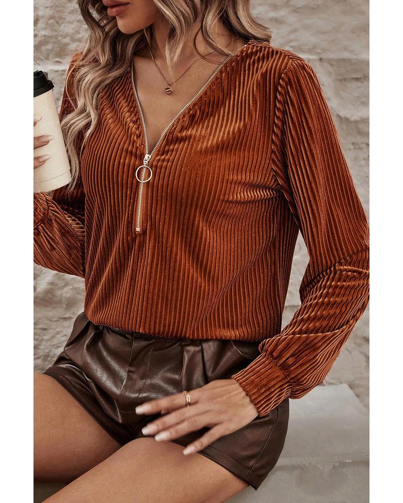 Azura Exchange Chestnut Half Zip V Neck Ribbed Velvet Top