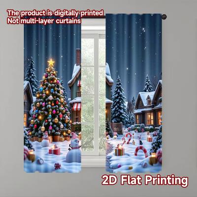 2pcs 2D Flat Printing Christmas Curtains Christmas Candy Store Machine Washable Polyester Without Electricity Family Party
