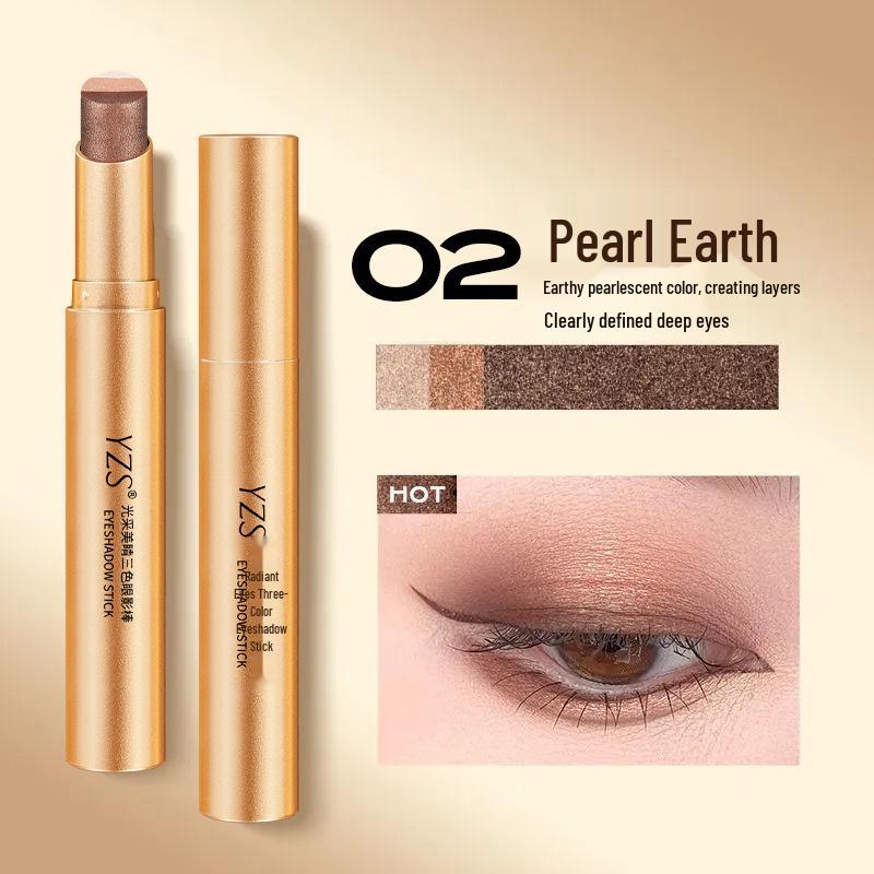 YZS Radiant Three-Color Eyeshadow Stick: Pearlescent Glitter Gradient Pencil for Contour & Highlight.