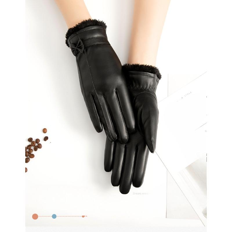 PU Leather Gloves for Women's Autumn and Winter Korean Version with Velvet Warm Windproof Waterproof Cold Riding Touch Screen