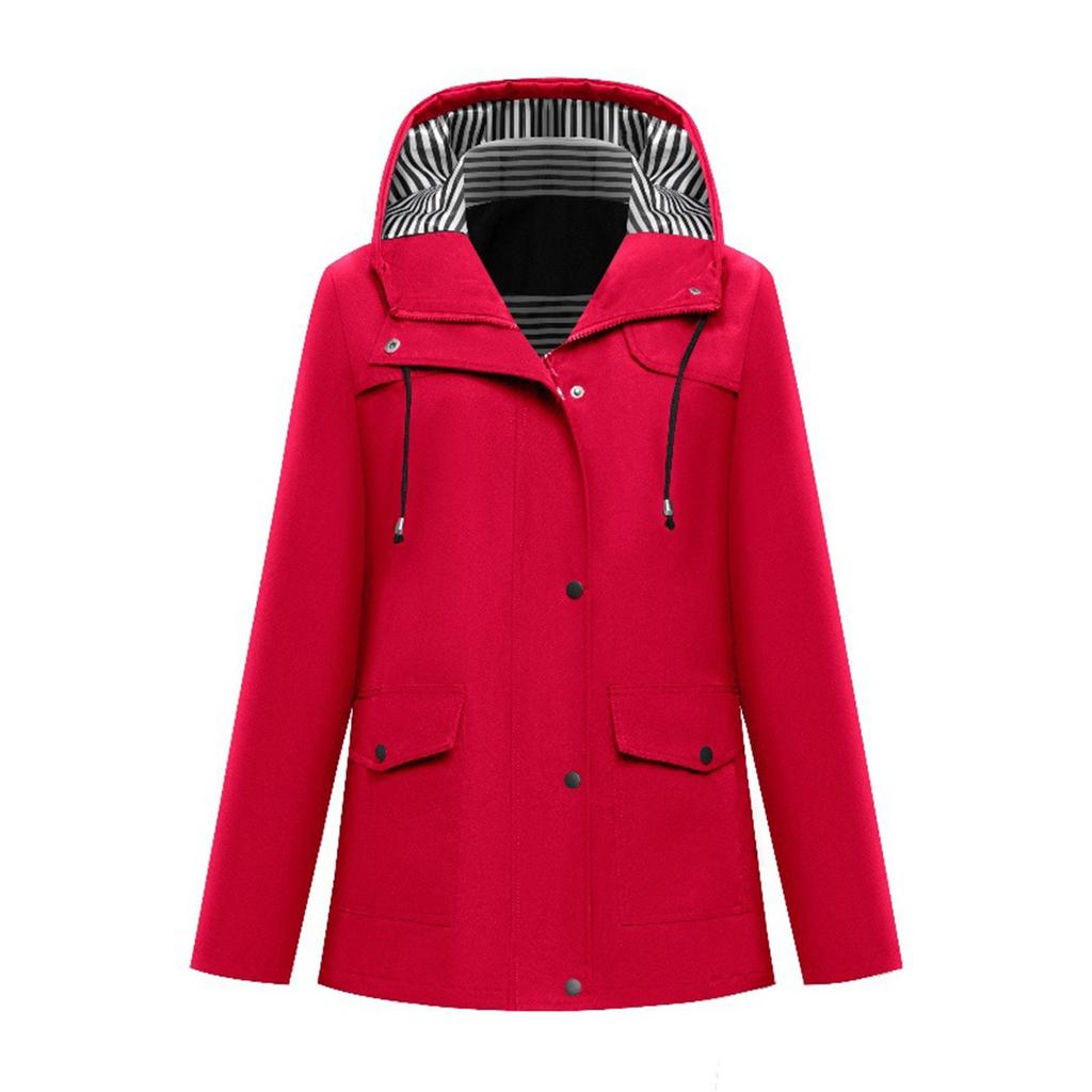 Women's Fashionable Solid Color Long Sleeved Hooded Pocket Outdoor Hiking Suit Waterproof Jacket
