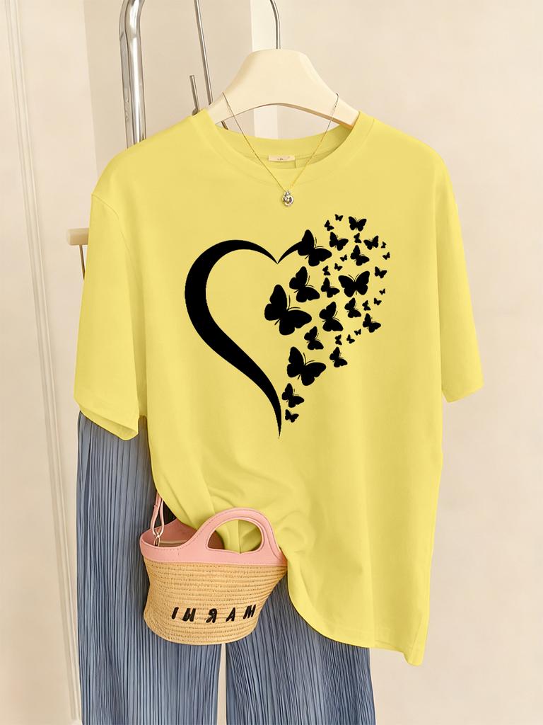 Butterfly Heart Printed T-Shirts Womens Casual Loose T Shirts O-Neck Soft Short Sleeve Tops Summer Comfortable Woman Clothes