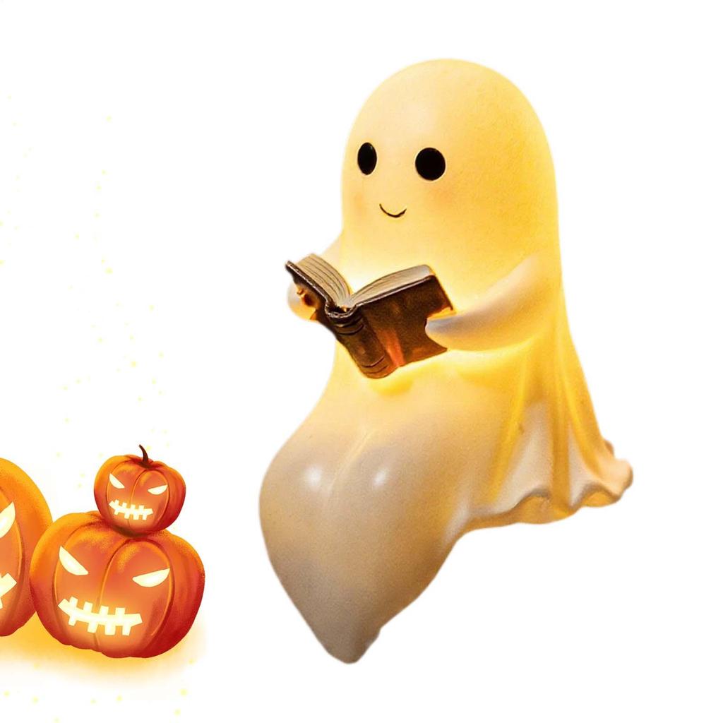 Ghost Reading Book Lamp Cute Ghost Night Light Resin Figurine Halloween Centerpiece For Bedside Tabletop Bookshelf Home Office