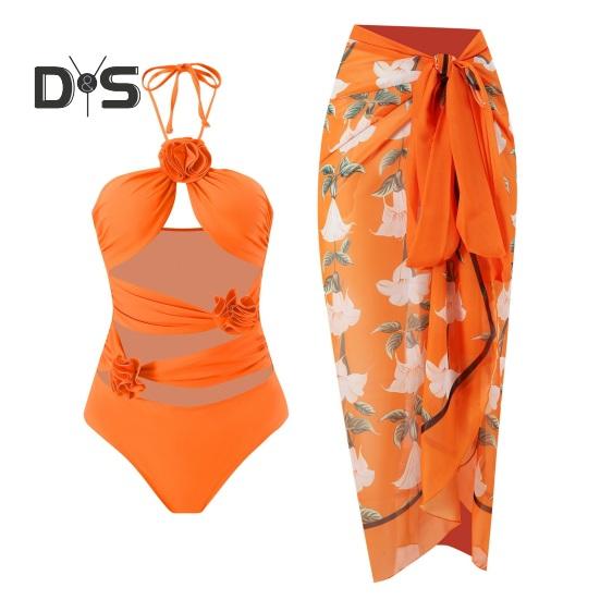 

Комплект из 2 предметов/монокини, сексуальный ажурный дизайн, мягкая поддержка, 3D цветочный декор, купальник с принтом, юбка, комплект из шифона, пляжная одежда S