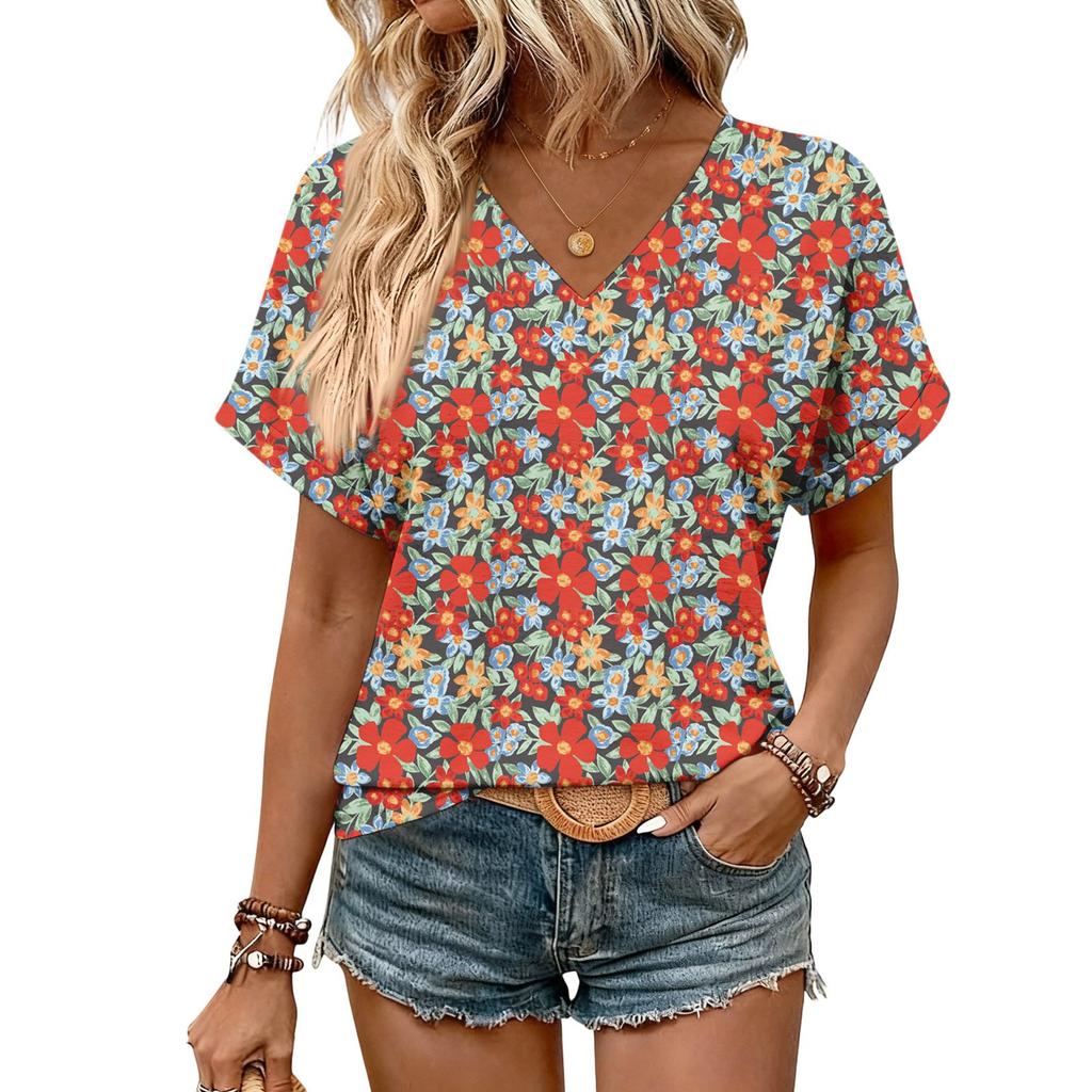 Damen Sommer Oberteile Kurzarm V-Ausschnitt Hemden Lässig Elegant Sommer Blusen Tunika Top