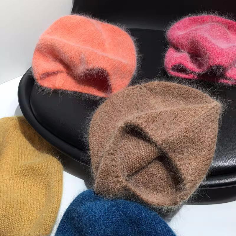 High-quality rabbit fur pullover hat, solid color, versatile winter atmosphere stacked hat, warm snowy cold hat