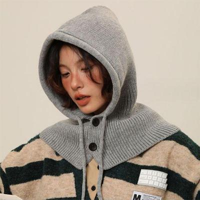 Winter Button Button Hood Balaclava Knit Beanie Hat