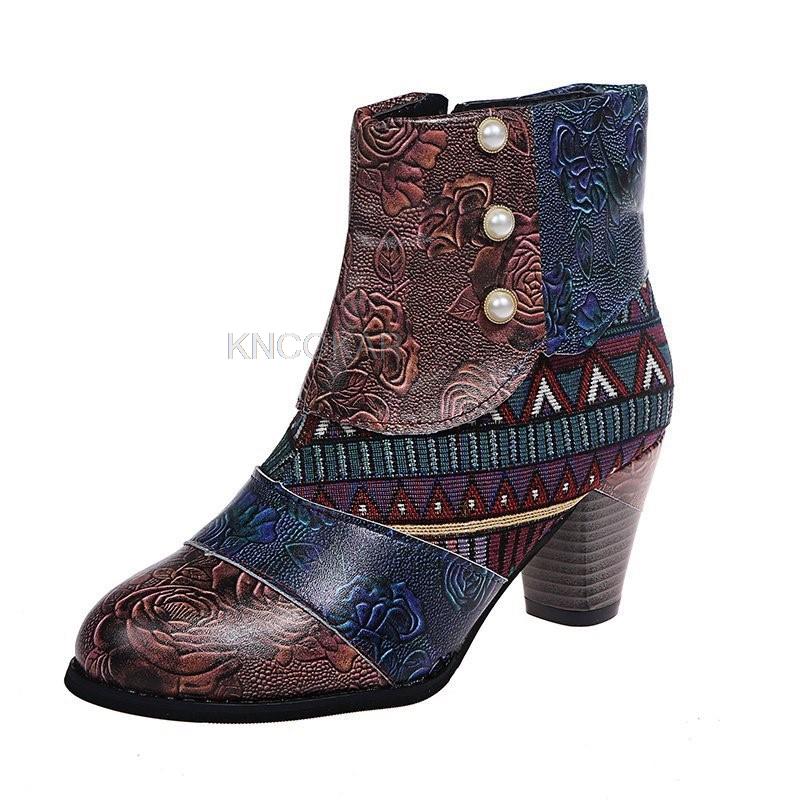 Large Size European And American Bohemian Women's Boots Ethnic Style Casual Retro Stitching High-heeled Short Leather Boots