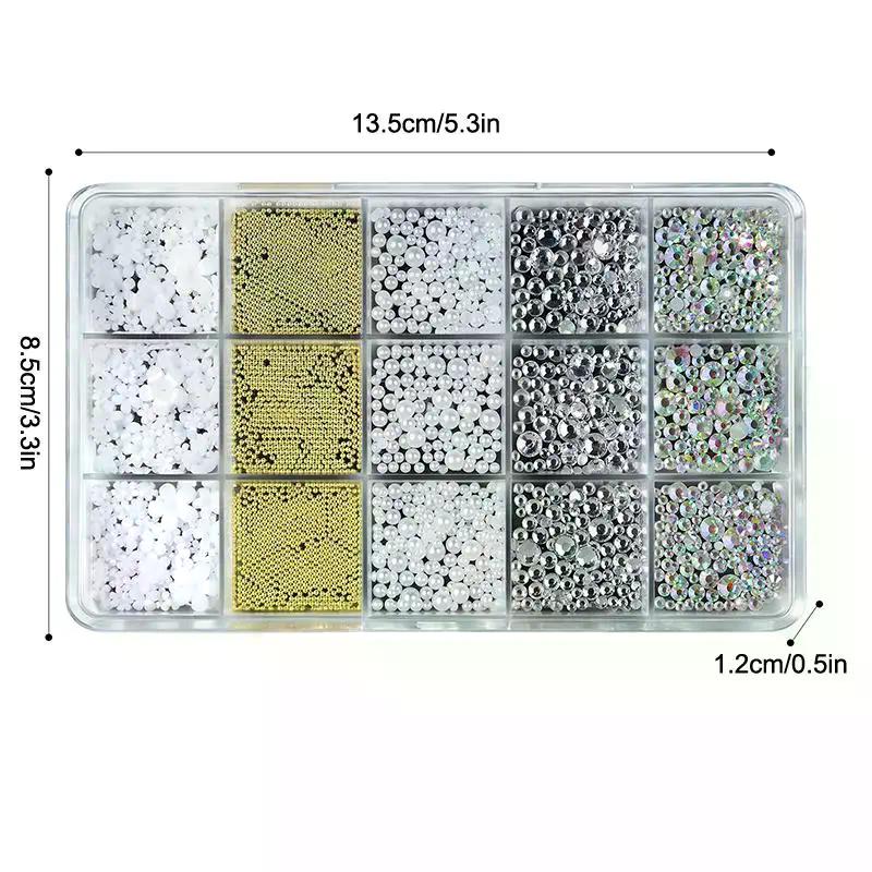 12/15 Grids/Box 3D Nail Art Decoration Kit With Resin Bowknot Pearls Heart & Assorted Shapes Kawaii Nail Charms DIY Manicure Art
