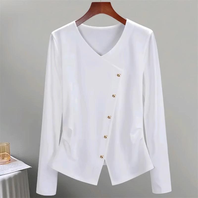 

Женский топ с французским V-образным вырезом, длинным рукавом и облегающего кроя: Весна и Осень Базовый слой с прямыми плечами L 100-110 белый