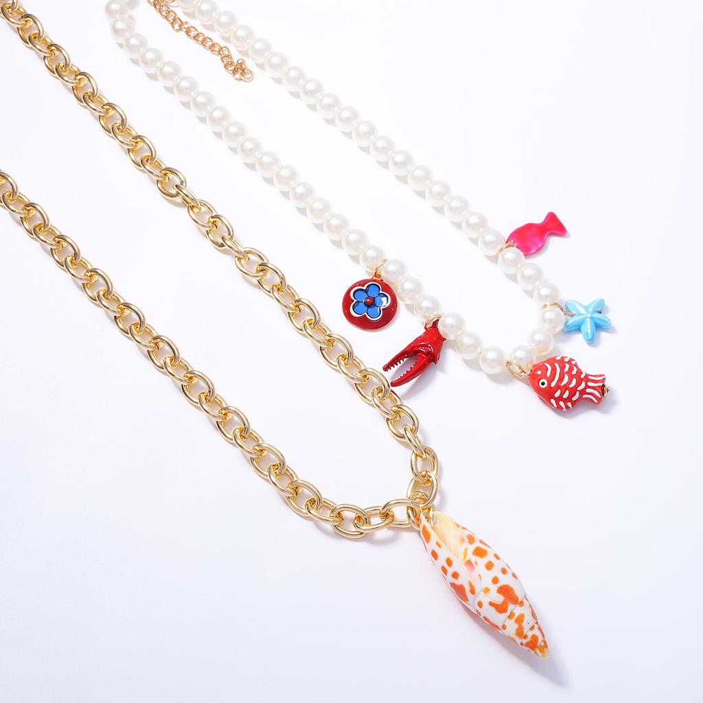 Fashion Summer Vacation Marine Life Pendant Imitation Pearl Beaded Double Layer Stacked Necklace Exquisite Woman
