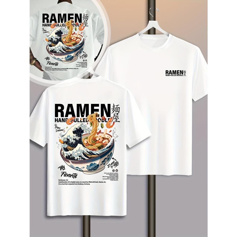 Casual Street Style T-shirt Japanese Waves Ramen Pattern Suitable for Daily Wear Cotton Soft