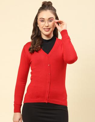 Damen Rot Uni V-Ausschnitt Langarm Strickjacke